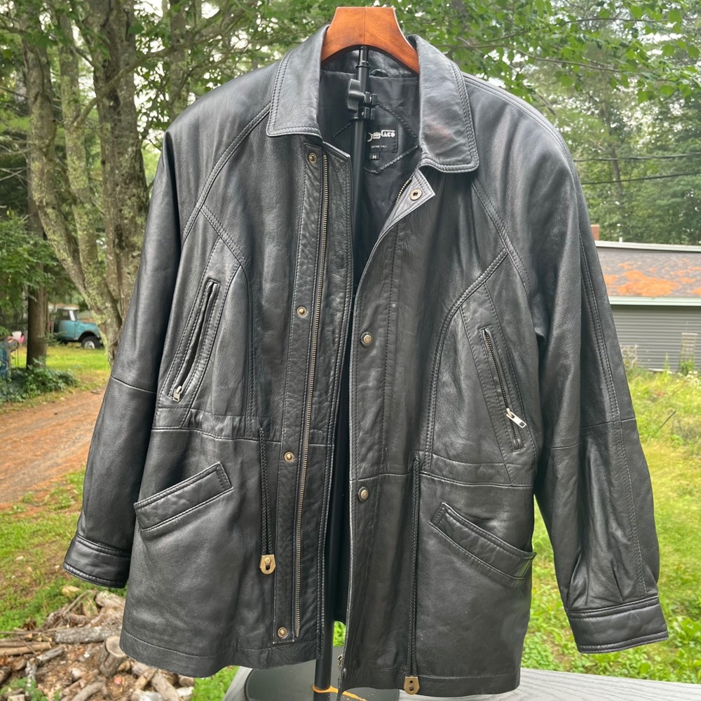Monaco Vintage Black Lambskin Leather Jacket Italy Brass Snaps Mens Medium